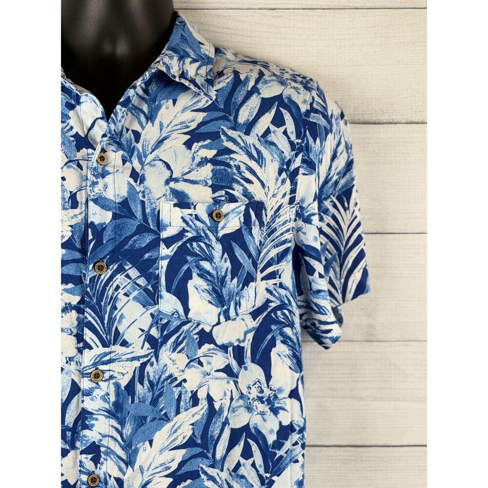 Havana Jim Shirt Mens M Blue Tropical Floral Rayon Button Up Short Sleeve
